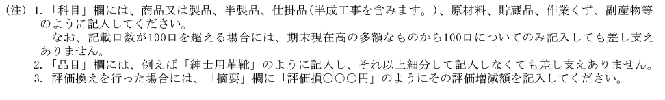 棚卸資産（商品又は製品、半製品、仕掛品、原材料、貯蔵品）の内訳書